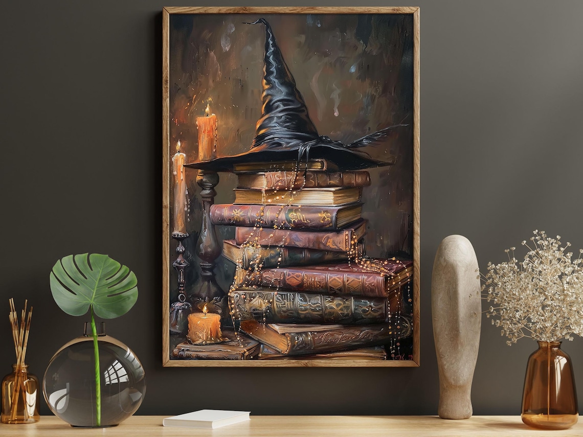 Cottage Witchy Hat and Magic Books Halloween Poster