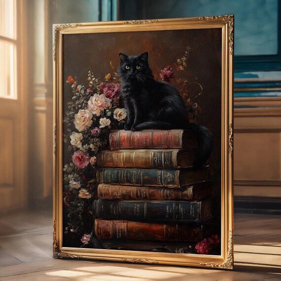 Black Cat Sitting on Antique Books with Roses Floral Art Poster
