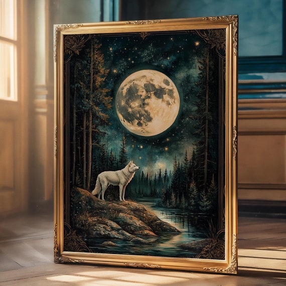 White Wolf Poster Print Full Moon Celestial Art Deco Floral Modern Wall Art Wildflower Maximalist Wall Decor Wolf Lover Gift Matte Poster