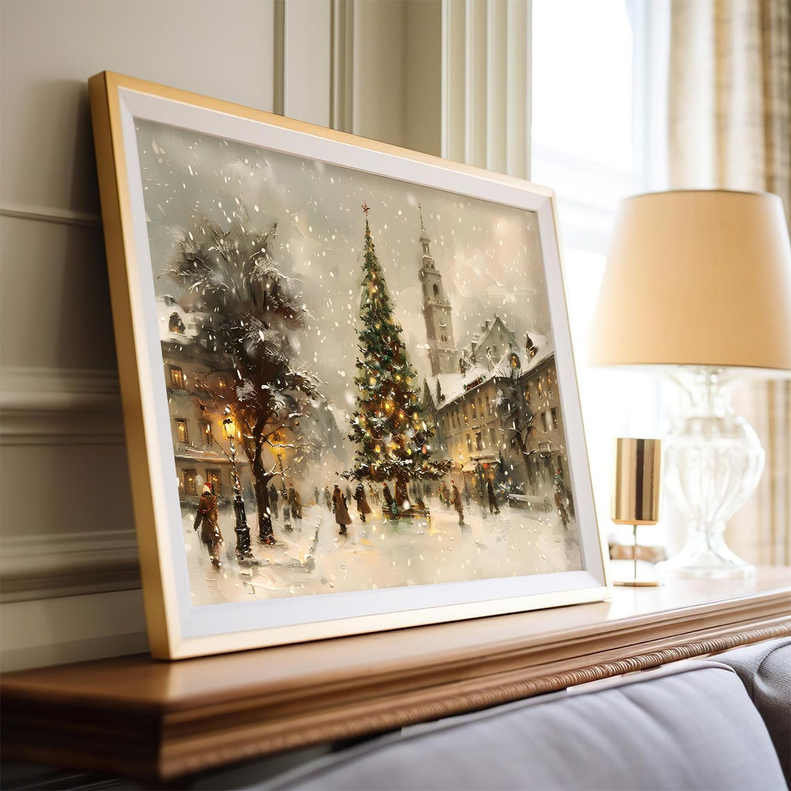 Snowy Village Square Christmas Tree Old Town Winter Wall Art Poster - Image 4