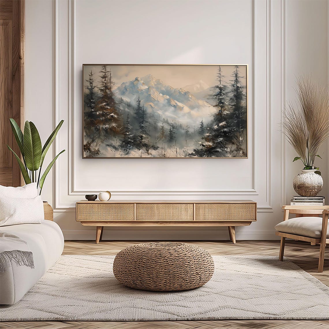 Snow Covered Mountain Peaks and Pines in Soft Mist Winter Poster - Image 4