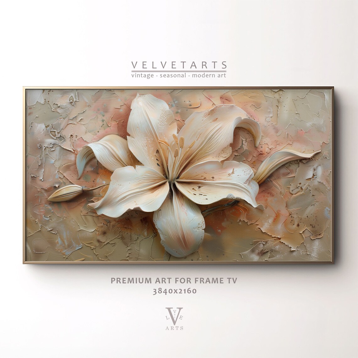 Sculpted White Lily Warm Neutral Textured Floral Painting Wall Art
