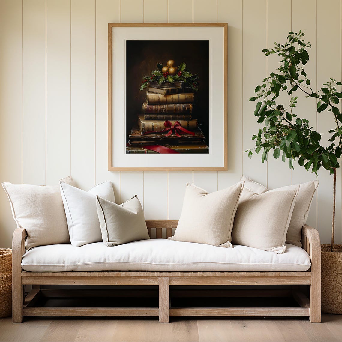 Stack of Antique Books With Holly Berries and Gold Ribbon Poster - Image 4