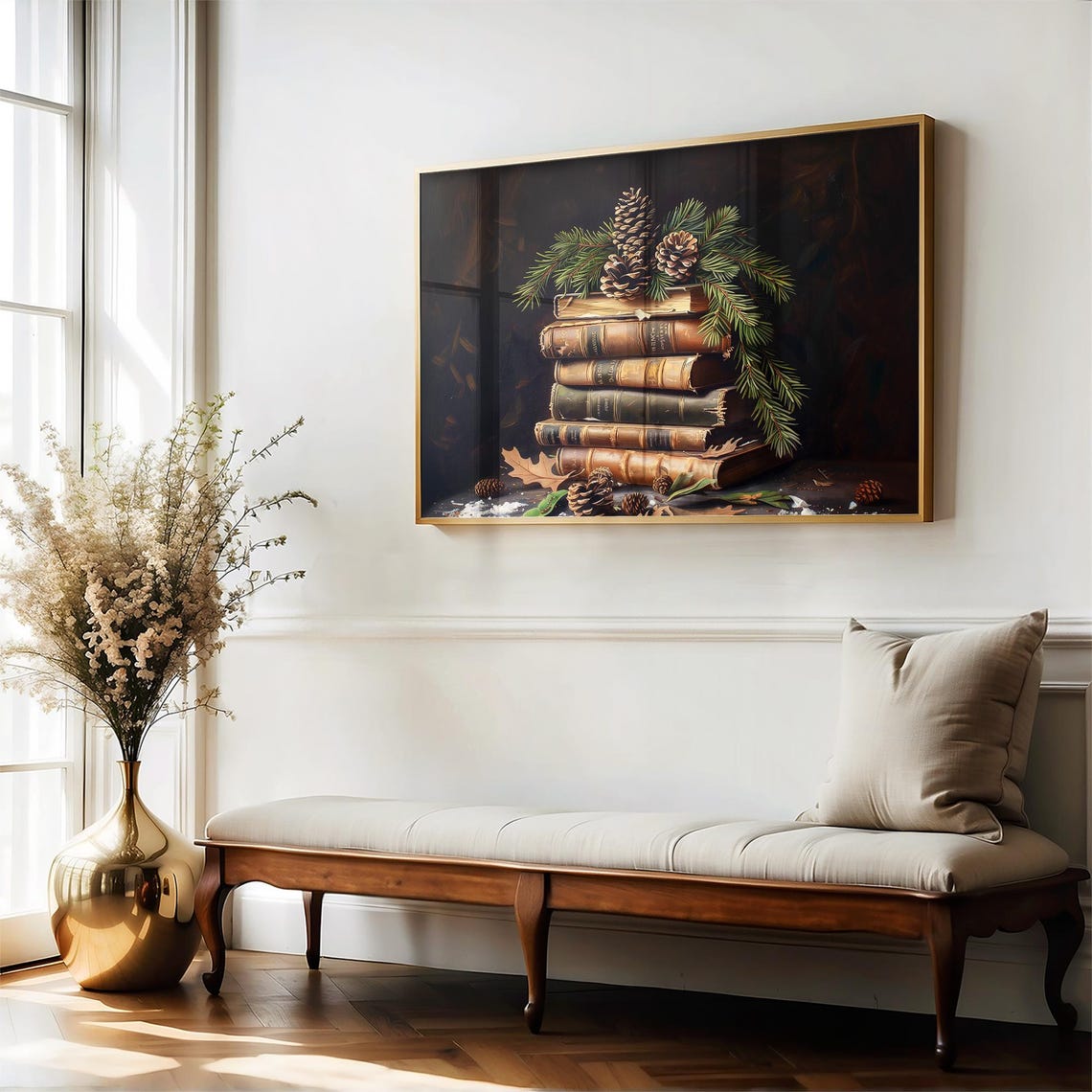 Antique Books Stack Pine Cones Winter Vintage Christmas Wall Art Print - Image 5