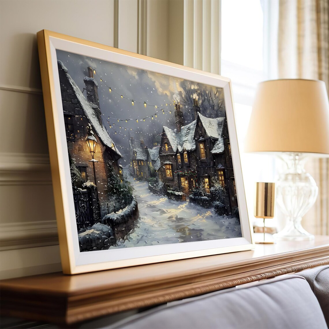 Snowy Village Street Night Glowing Windows Cottage Wall Art Poster - Image 4