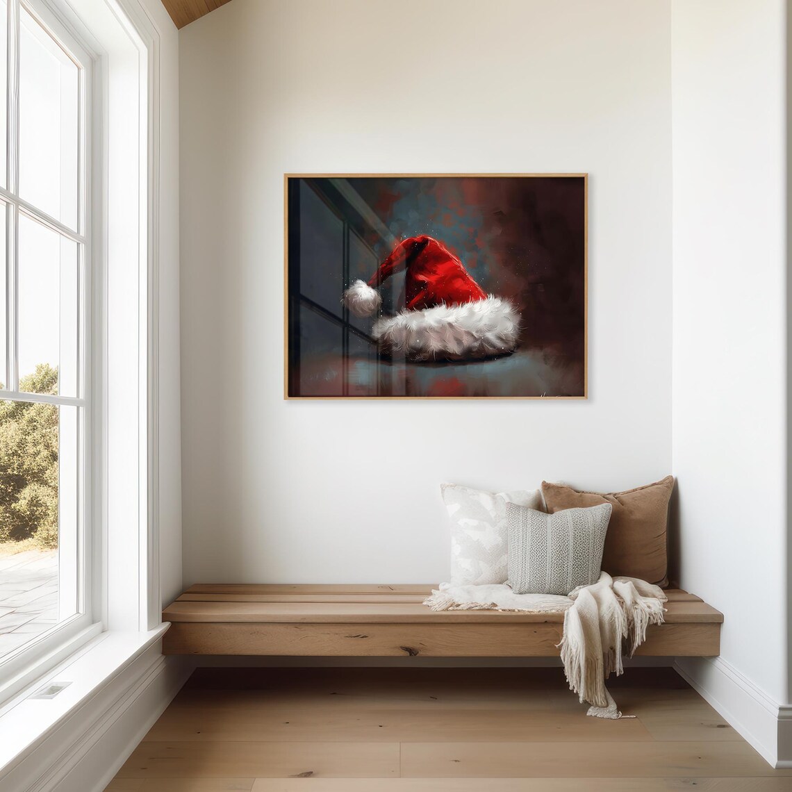 Red Santa Hat Moody Dark Vintage Christmas Painting Wall Art - Image 3