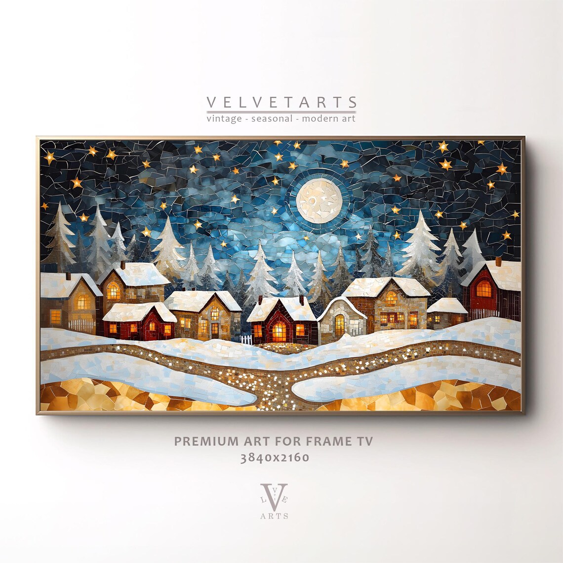Frame Tv Art Mosaic Village Moonlit Sky Christmas Decor Winter Festive Painting Farmhouse Art Christmas Tv0196
