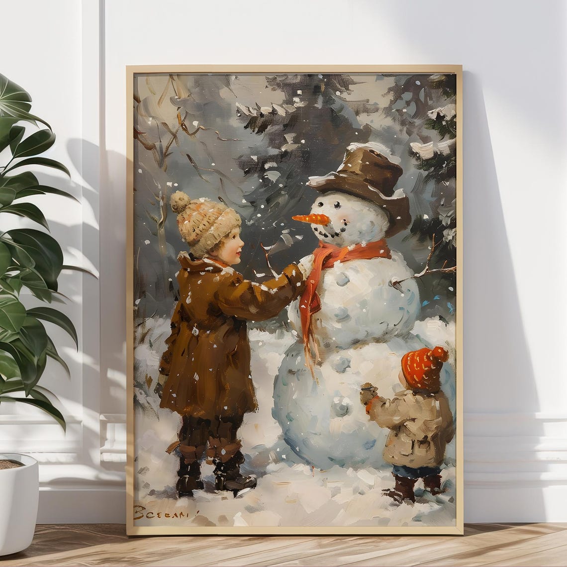 Two Children With a Snowman in a Winter Forest Vintage Poster - Image 5
