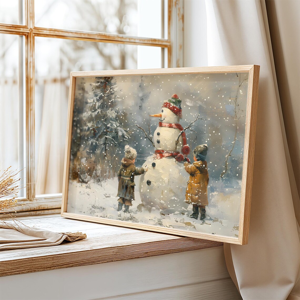 Children Building Snowman Snowfall Winter Scene Vintage Wall Art Print - Image 2