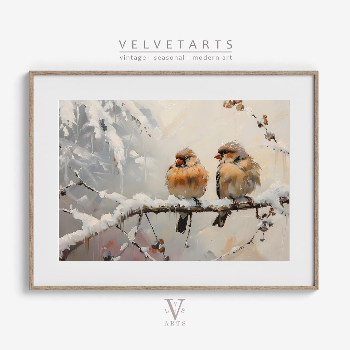 Winter Finches Snowy Branch Vintage Bird Painting Sweet Cozy Wall Art