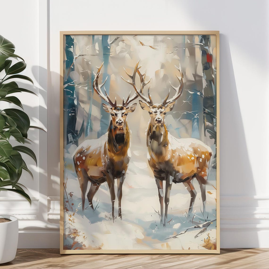 Two Stags Standing in a Misty Snowy Forest Vintage Art Poster - Image 5