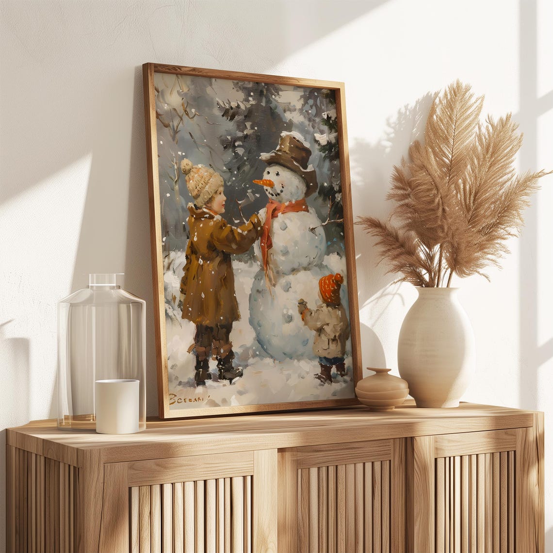 Two Children With a Snowman in a Winter Forest Vintage Poster - Image 3