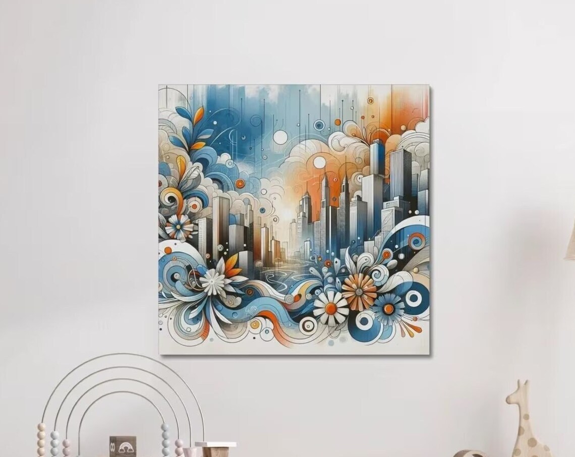 Whimsical Floral City Skyline Blue Orange Swirl Wall Art Poster