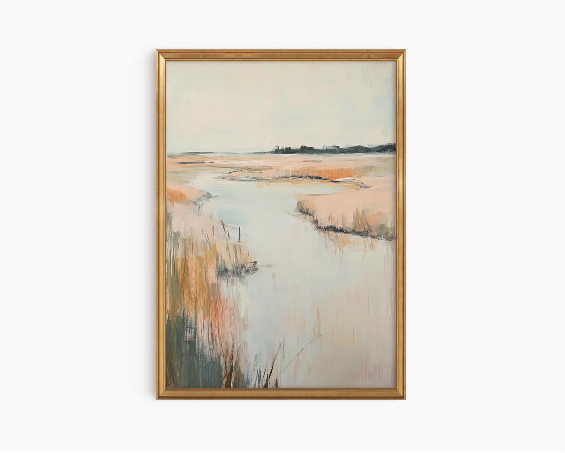 Framed Pastel Tidal Marsh Art Print Minimalist Gold Frame