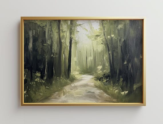 Framed Green Wooded Trail Art Print Modern Landscape With Gold Frame