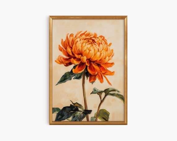 Framed Orange Chrysanthemum Art Print Neutral Wall Decor