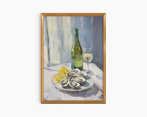 Oysters And White Wine Still Life Impressionist Kitchen Art Poster