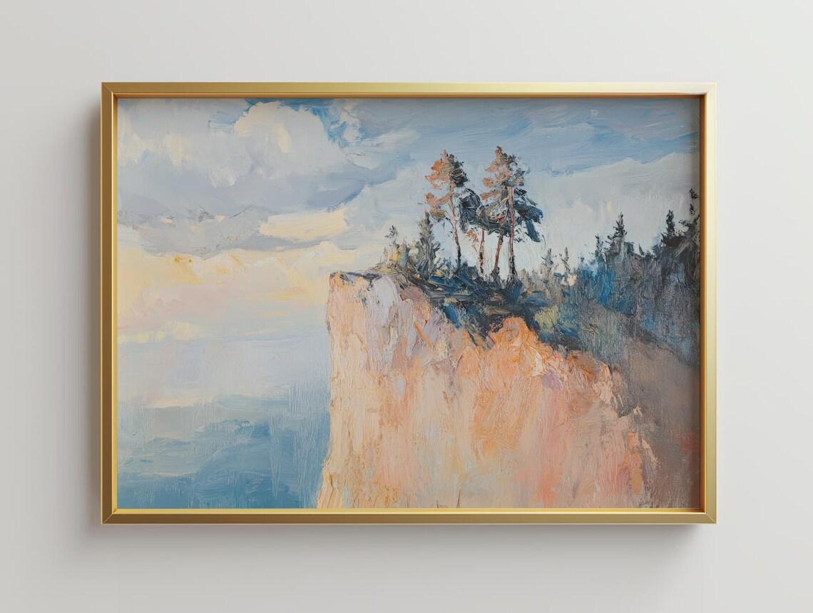 Cliffside Sunset Pine Trees Panoramic Landscape Oil Painting Art Poster