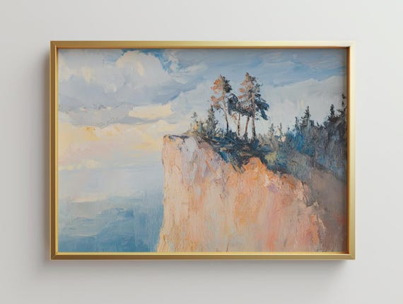 Framed Cliffside Canyon Art Print Neutral Panoramic Wall Decor
