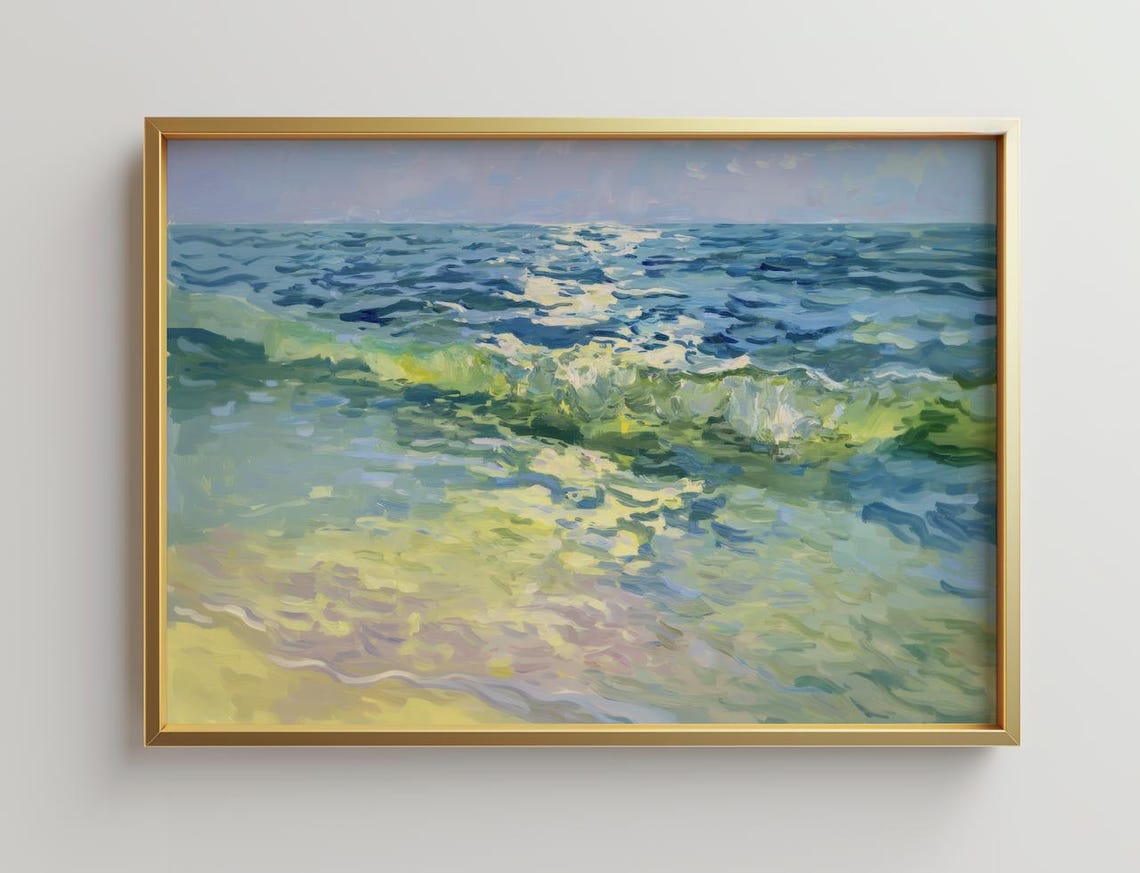 Turquoise Ocean Wave Cresting Pastel Seascape Tropical Painting Poster
