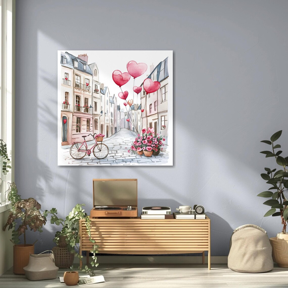 Parisian Street Watercolor Heart Balloons Pink Bicycle Poster - Image 4
