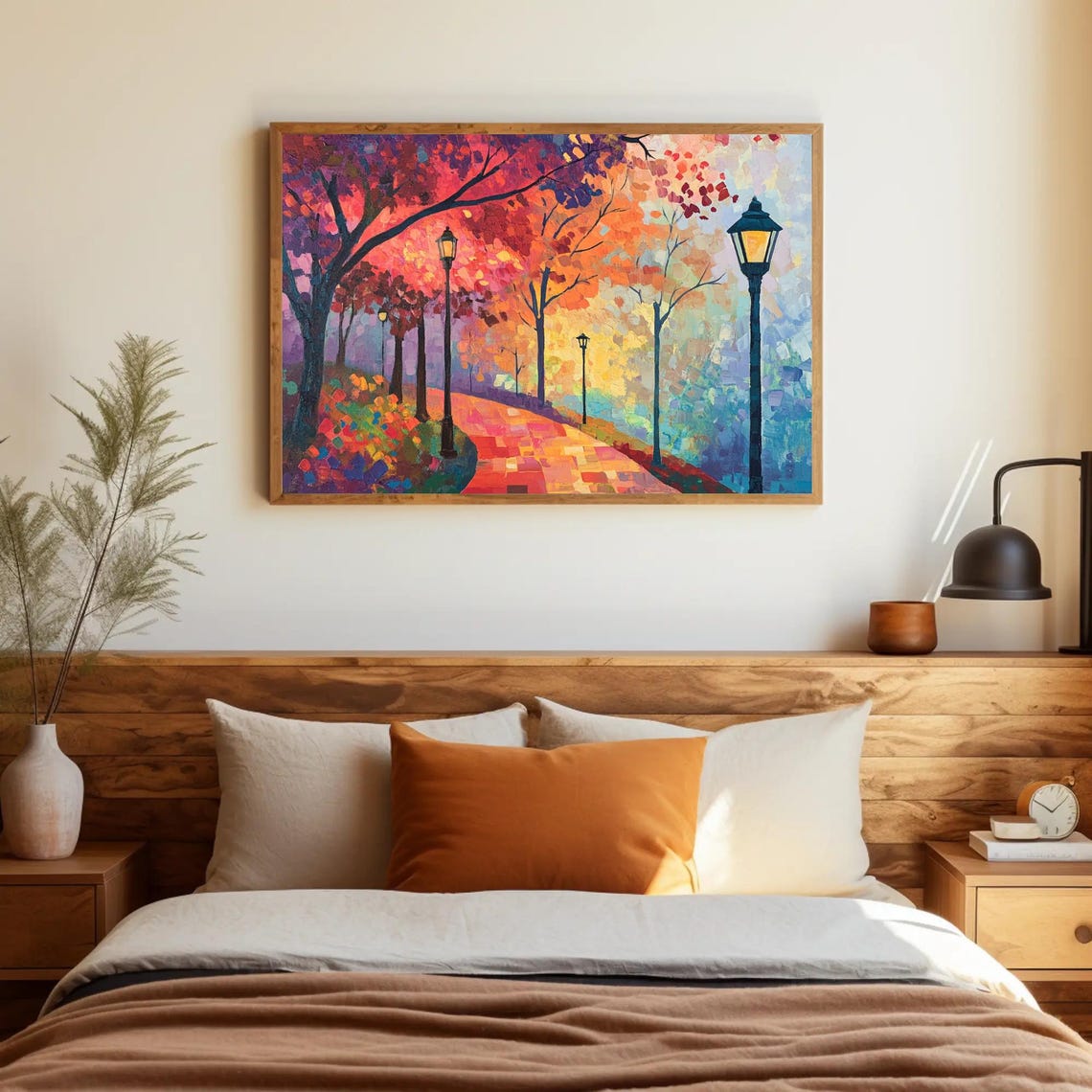 Autumn Park Path Lamplight Trees Impressionist Painting Poster - Image 2