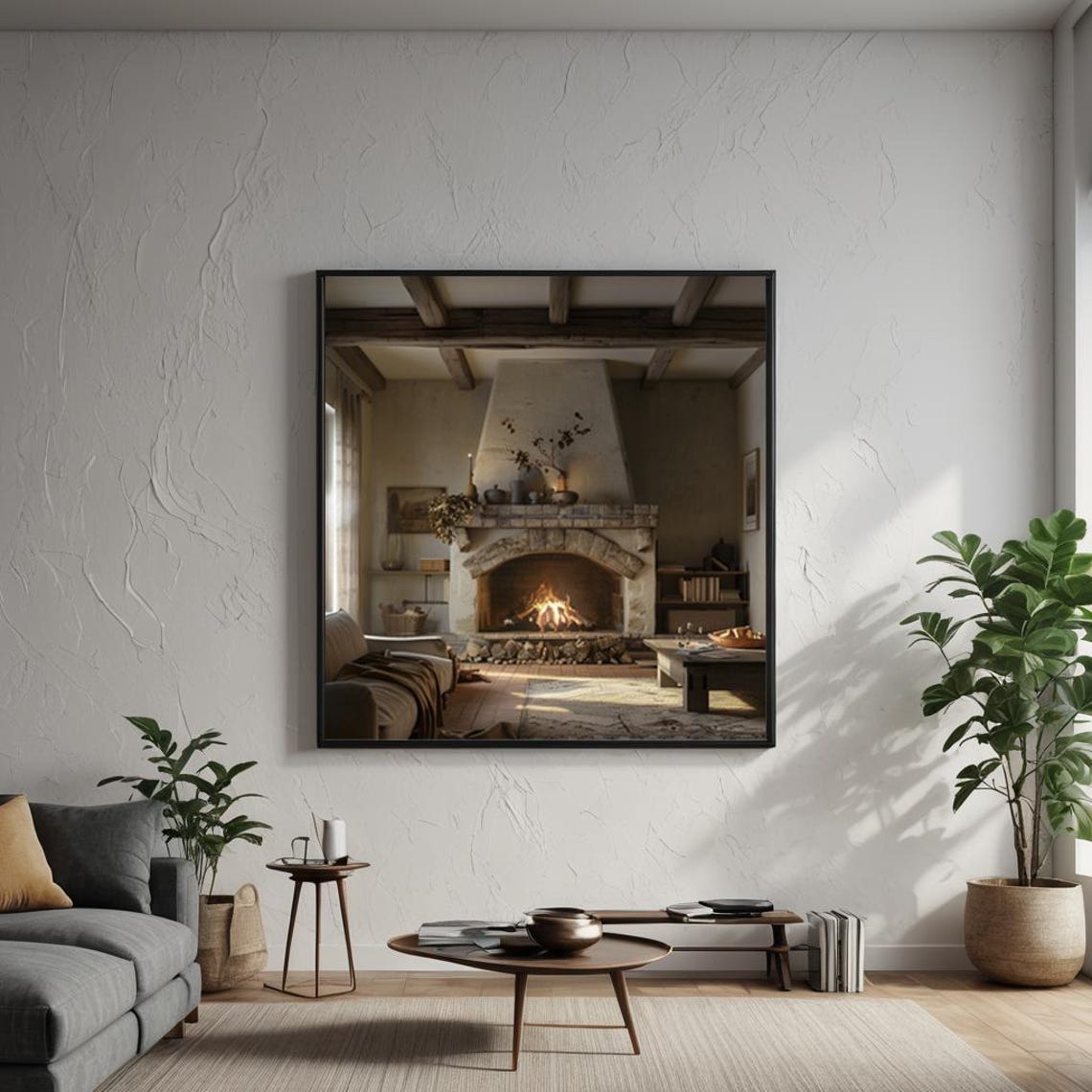 Warm Rustic Stone Fireplace Living Room Cozy Autumn Cabin Poster - Image 2