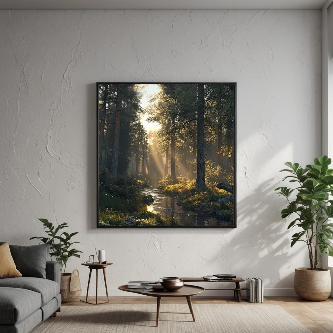 Sunlit Pine Forest Stream with Golden Morning Light Rays Poster - Image 2