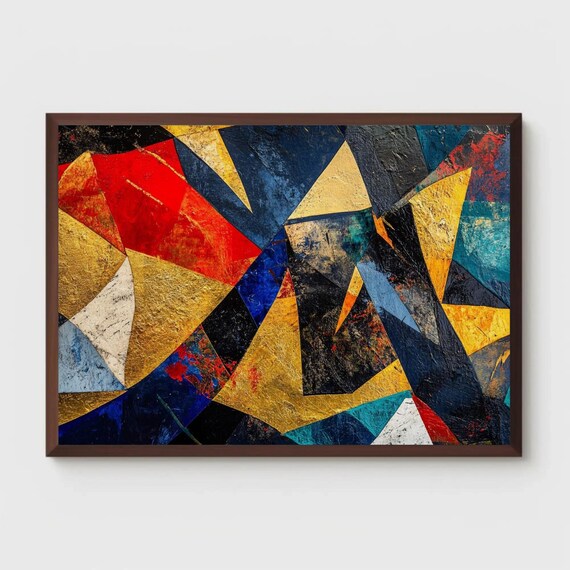 Abstract Geometric Shapes Art Vibrant Gold Red Blue Black Modern Wall Art Decor For Home And Office Unique Gift