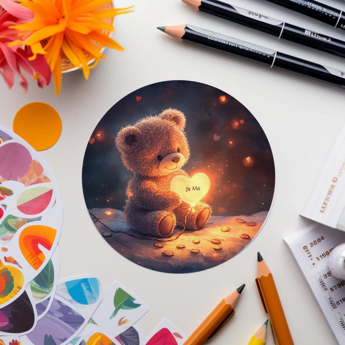Teddy Bear with Glowing Be Mine Heart Night Nursery Love Poster - Image 3