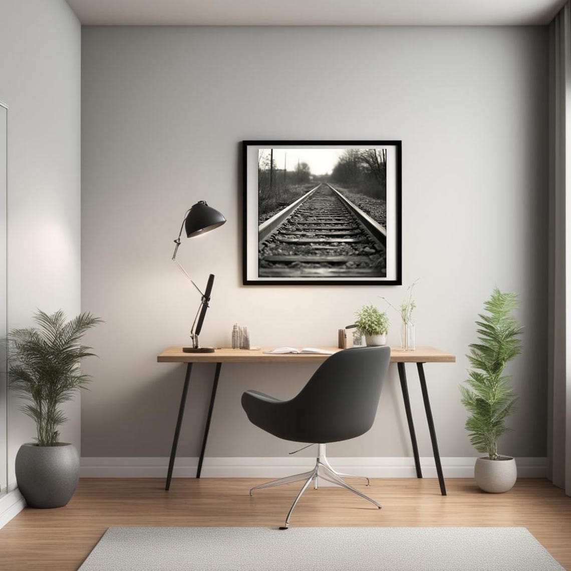 Black and White Train Tracks Vanishing Point Railway Photo Poster - Image 2