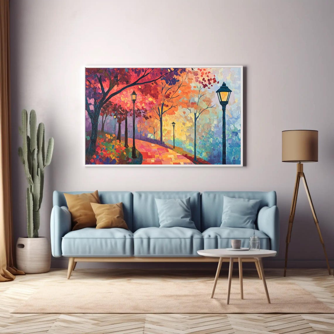 Autumn Park Path Lamplight Trees Impressionist Painting Poster - Image 3