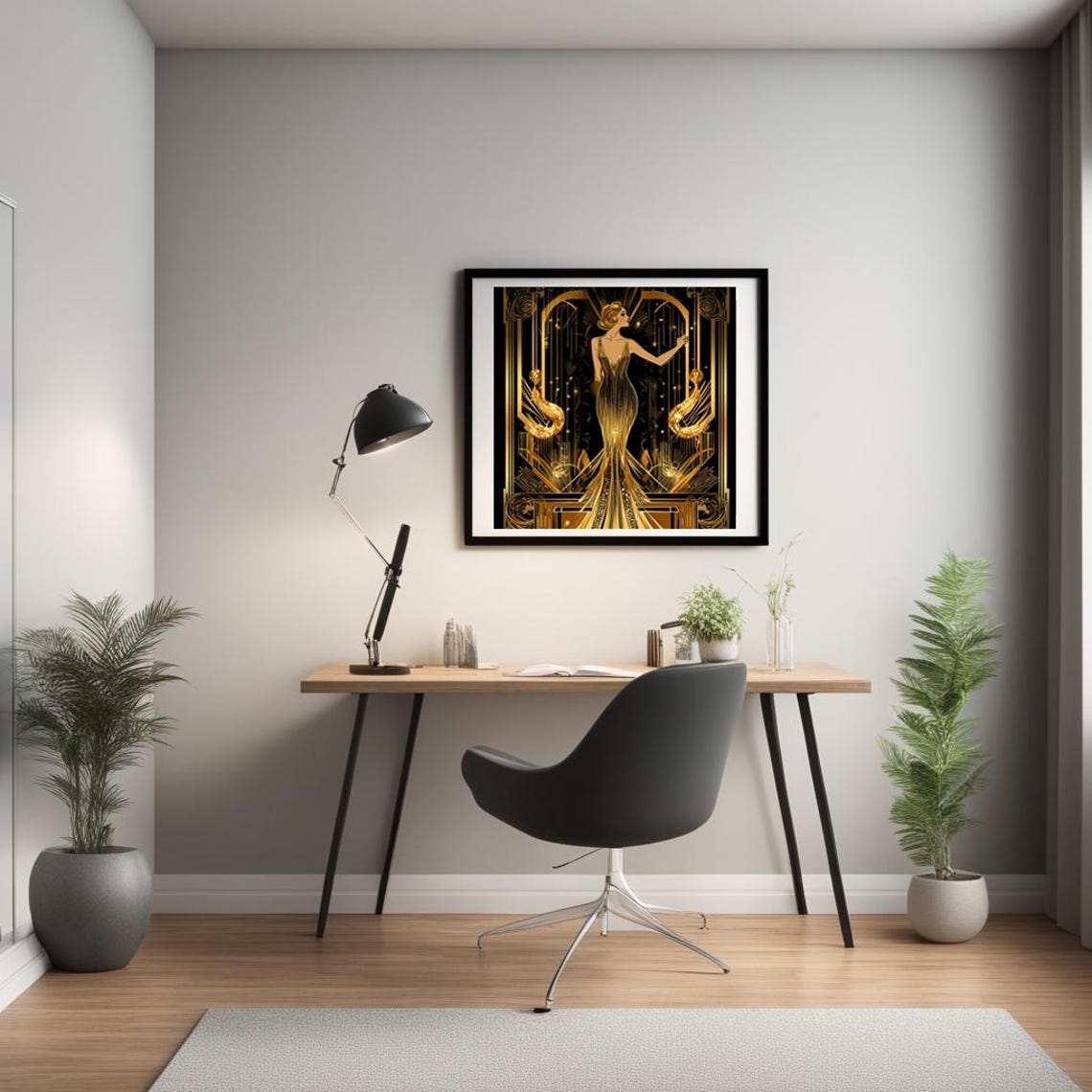 Art Deco Flapper Lady in Gold Gown Black and Gold Gatsby Style Poster - Image 2