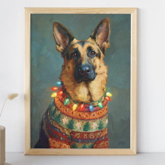 German Shepherd Ugly Christmas Sweater Art Funny Dog Holiday Print Festive Gift Oil Painting Instant