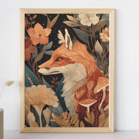Mystical Fox Watercolor Art Print Enchanted Forest Wall Decor Botanical Painting Flowers Mushrooms Boho Nature Gift