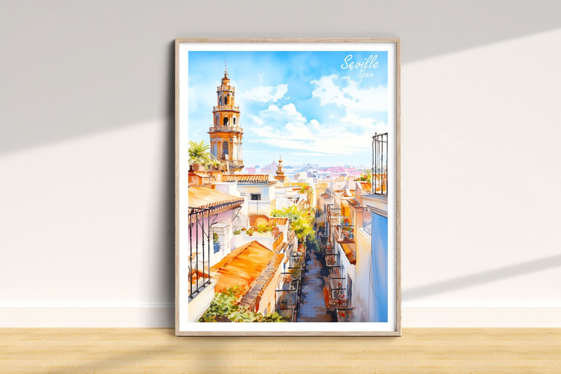 Seville Spain Giralda Tower Street Watercolor Andalusia Art Poster