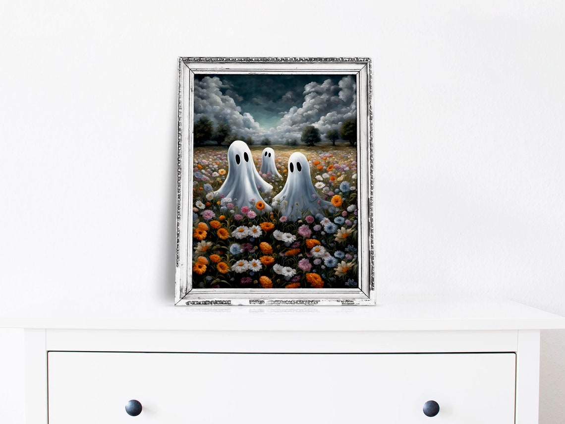 Cute Ghosts In A Wildflower Meadow Under Stormy Clouds Art Poster - Image 2