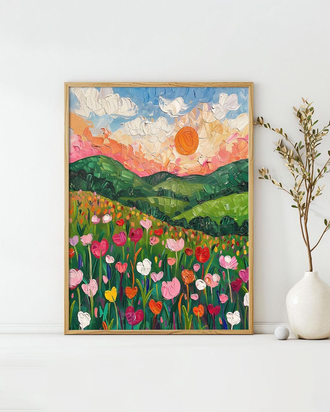 Sunset Hills California Tulip Field Impasto Midcentury Travel Poster