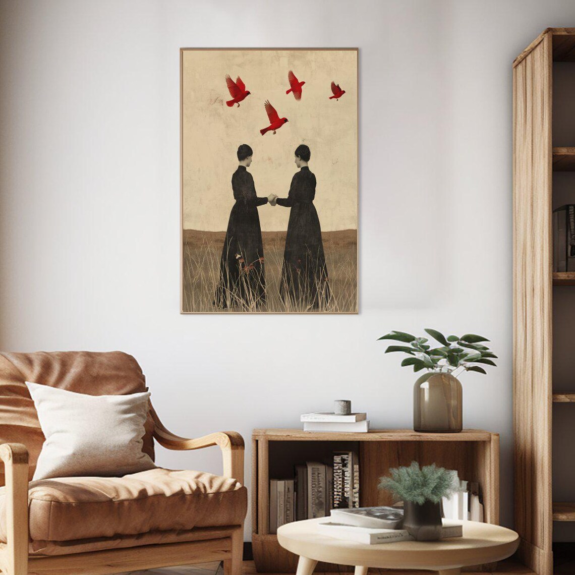 Twin Women Holding Hands Red Birds Surreal Vintage Art Poster - Image 2