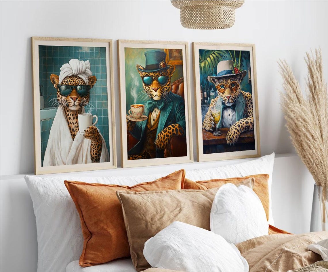 Leopard Spa Day Bathrobe Sunglasses Coffee Funny Bathroom Art Poster - Image 3