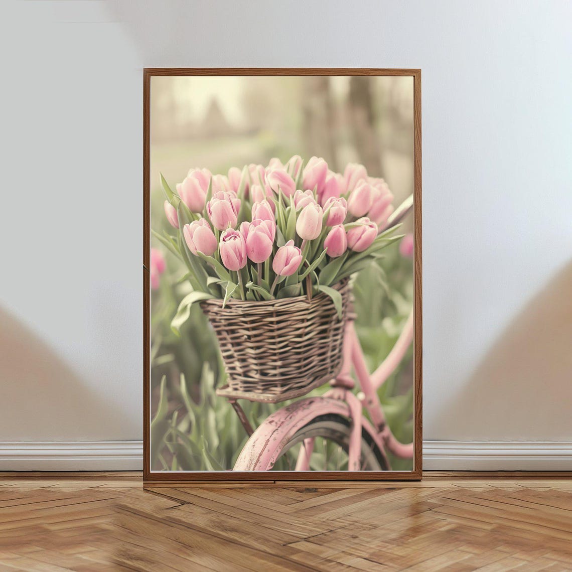 Pink Tulips In Wicker Basket On Vintage Bicycle Spring Poster