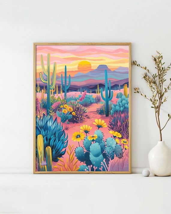 Desert Bloom Art Poster Midcentury Modern Travel Wall Art Painting As Print Unique Design