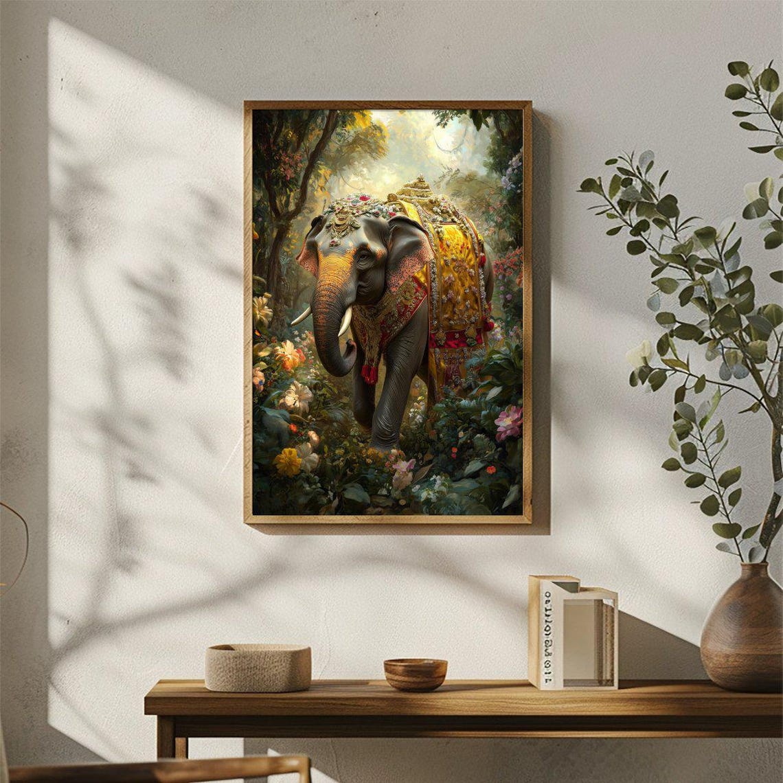 Golden Caparison Elephant In Flower Jungle Realistic Art Poster - Image 3