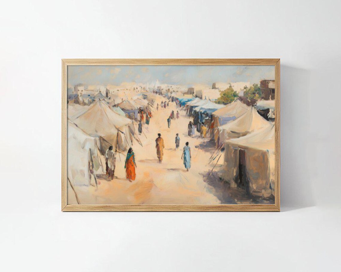 Desert Tent Market Impressionist Scene Warm Sand Dunes Art Poster