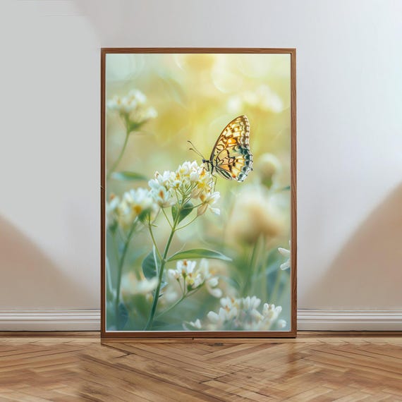 Butterfly On Flower Wall Art Nature Photography Print Botanical Decor Butterfly Green And Yellow Wall Art Floral Print