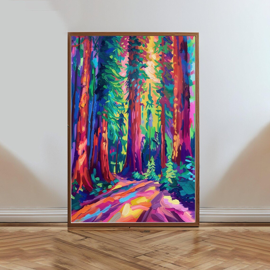 Vibrant Colorful Forest Path Redwood Trees Nature Painting Poster