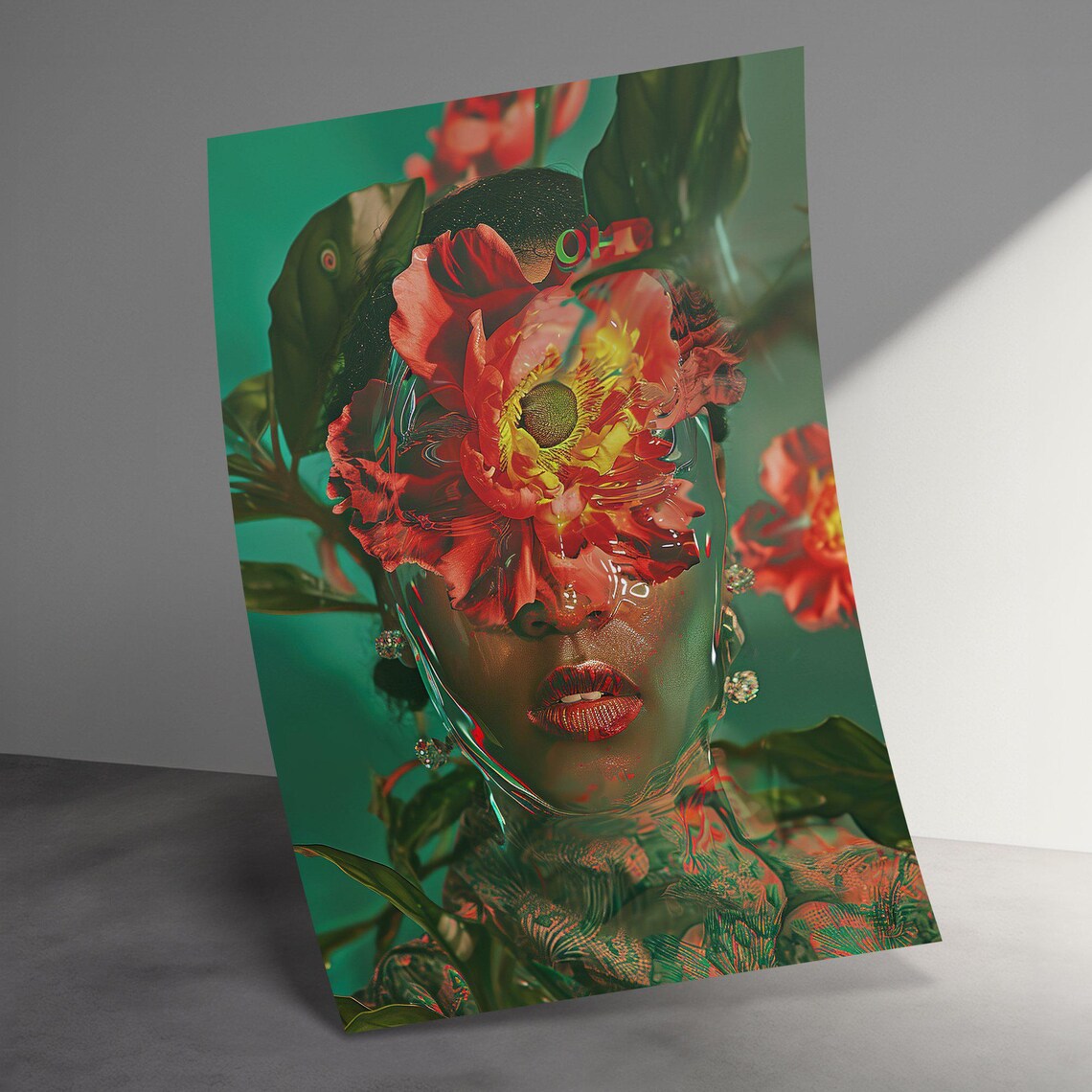 Floral Face Surreal Botanical Woman Red Hibiscus Tropical Poster - Image 3