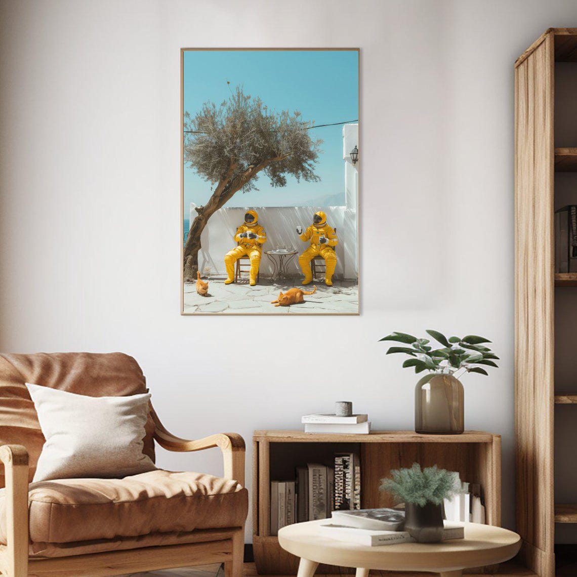 Astronauts Drinking Coffee on Sunny Mediterranean Terrace Poster - Image 2