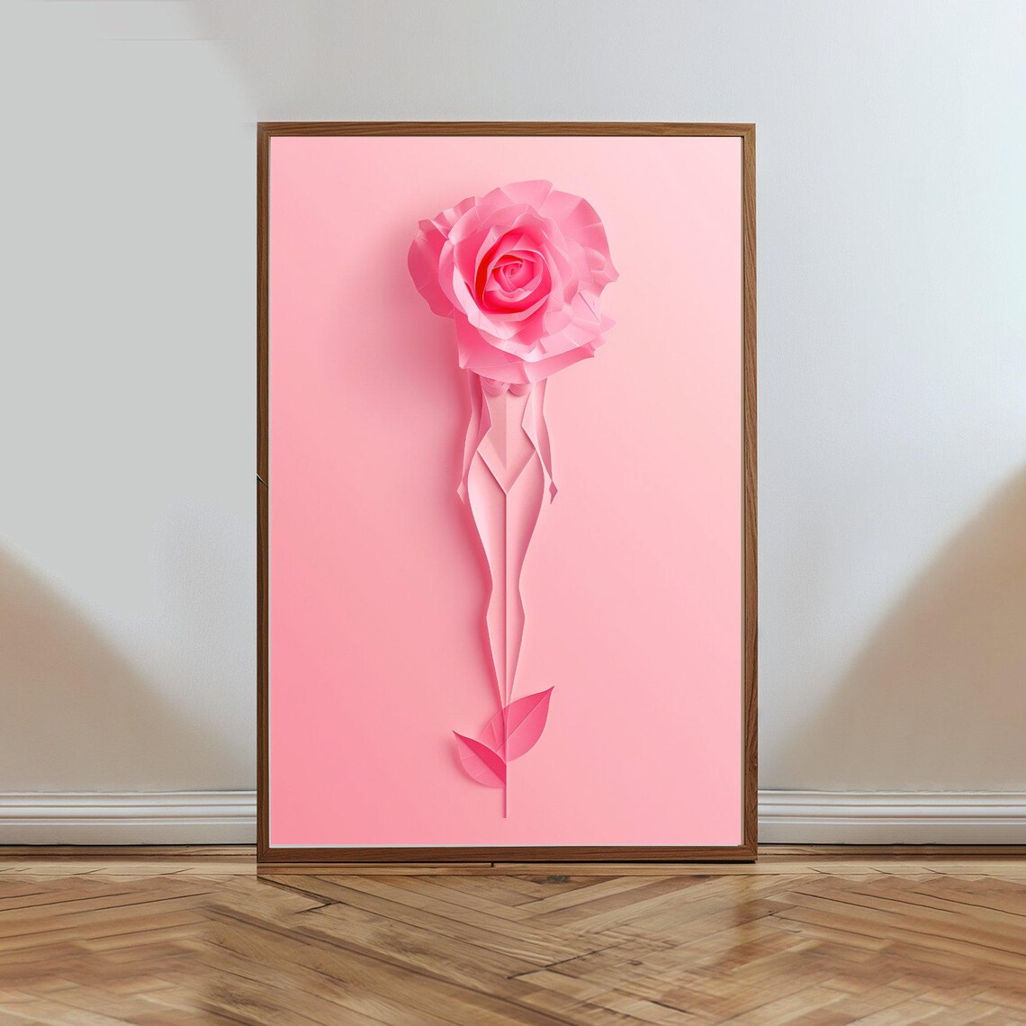 Elegant Pink Paper Rose With Woman Silhouette Minimal Floral Poster