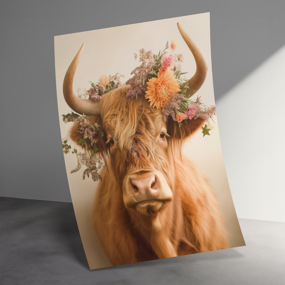 Highland Cow Flower Crown Cute Scottish Farm Animal Portrait Poster - Image 3